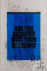 ARE YOU SATISFIED WITH YOUR DECISION? 2022 Blue PVC, foil, metal, arrow shots 74 x 104 cm
