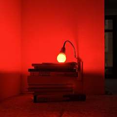 Lamplight Stack Red lamp, books, photograph, dimensions variable, 2023