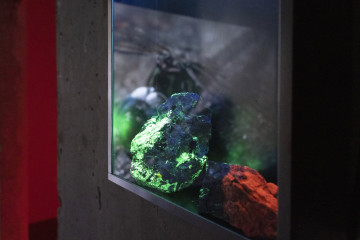 Jonas Brinker: Red, Green and Blue Steel, glass, UVC-light, phosphorescent rocks (Franklin, NJ), 48 x 32cm, 2023